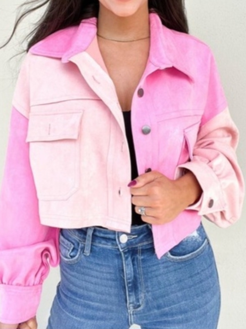 POL Two-Tone Pink Cropped Jean Jacket